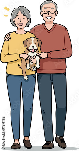 Happy Senior Couple Holding Adorable Puppy Together Pixel Art Style