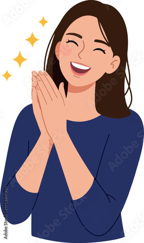 Happy Woman Clapping Hands with Sparkles Flat Design Minimal Illustration