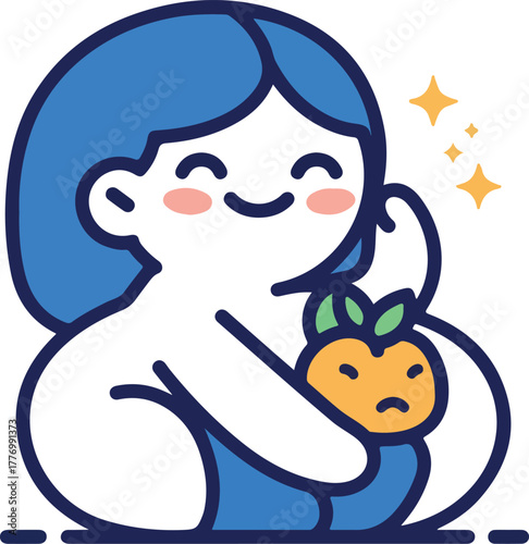 Happy Woman Hugging Orange Fruit With Sparkles White Background Flat Design Vector