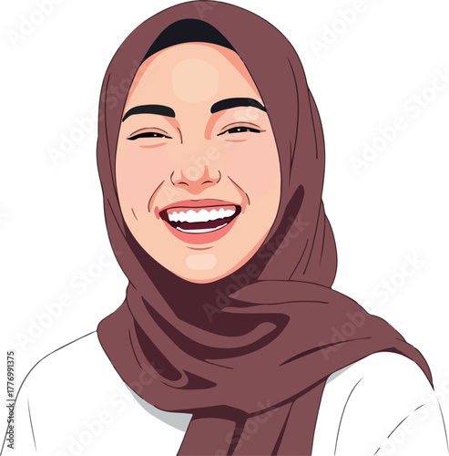 Happy Woman In Brown Hijab And White Top Vector Illustration