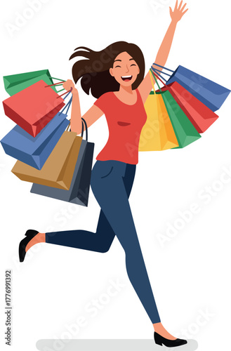 Happy Woman Running with Shopping Bags Enjoying Retail Therapy