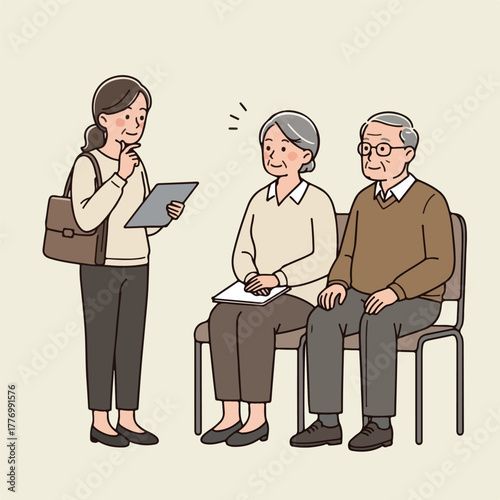 Illustration Of A Nurse Talking To Elderly Couple In A Waiting Room