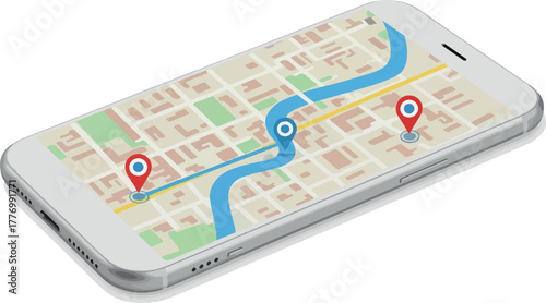 Isometric Smartphone Showing A City Map Navigation App With Blue Waterway