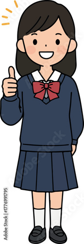 Japanese School Girl In Uniform Giving Thumbs Up And Positive Gesture
