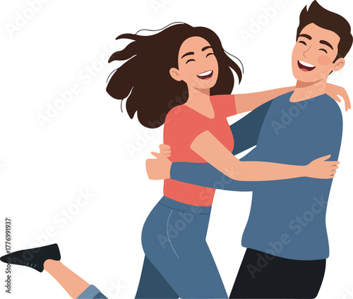 Joyful Couple Hugging Together Flat Design Minimal Illustration