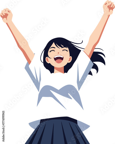 Joyful Girl Celebrating Victory With Arms Raised White TShirt Blue Skirt Minimalist