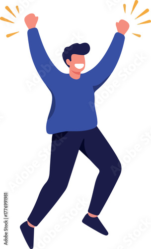 Joyful Man Jumping Excitedly Blue Sweater Dark Pants Minimalist Illustration
