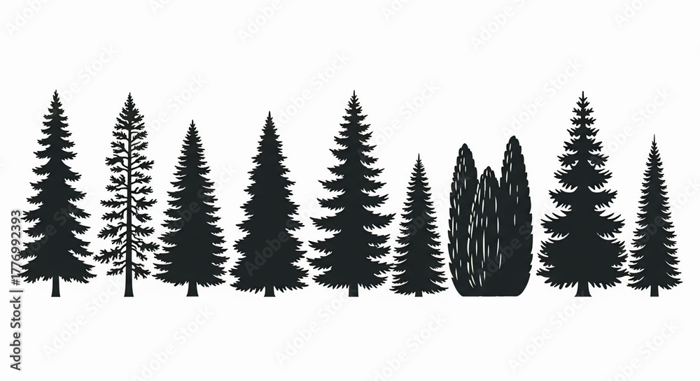 Fototapeta premium Tropical palm trees set silhouettes . Silhouette of Conifer and Evergreen Trees in Forest Border