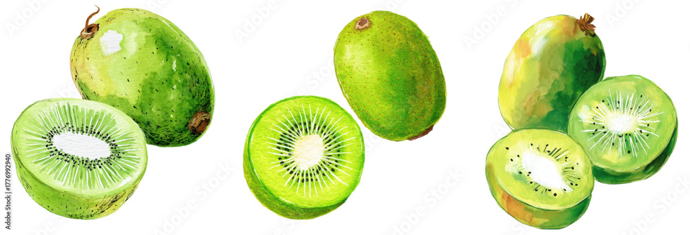 Fototapeta premium Vibrant Kiwi Display: Freshly sliced kiwis showcase the juicy interior alongside whole, unblemished fruits, inviting viewers to savor the taste of nature's delights. 