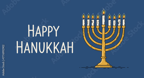 Happy Hanukkah greeting with a golden menorah and lit candles on a blue background, celebrating the Jewish festival of lights.