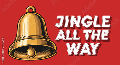 Golden Christmas Bell with Jingle All The Way Text on Red Background, Holiday Season Greeting Card Design
