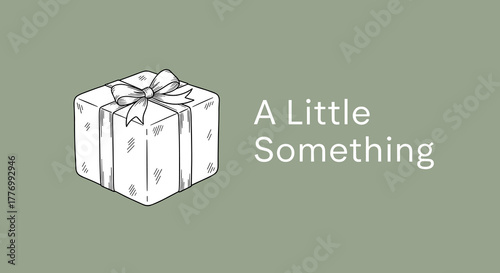 A Little Something text with a hand-drawn gift box illustration on a solid green background, simple graphic design for a present or surprise