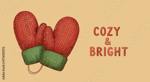 Cozy and Bright Winter Holiday Greeting Card with Knitted Red Mittens and Green Cuffs Illustration