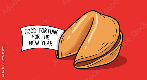 Cartoon illustration of a fortune cookie with a paper message saying 'GOOD FORTUNE FOR THE NEW YEAR' on a red background, symbolizing good luck and new beginnings.