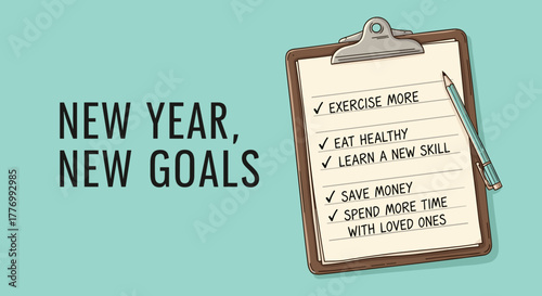 NEW YEAR, NEW GOALS: Checklist of Resolutions for Self-Improvement, Health, Finance, and Family on a Clipboard with a Pencil