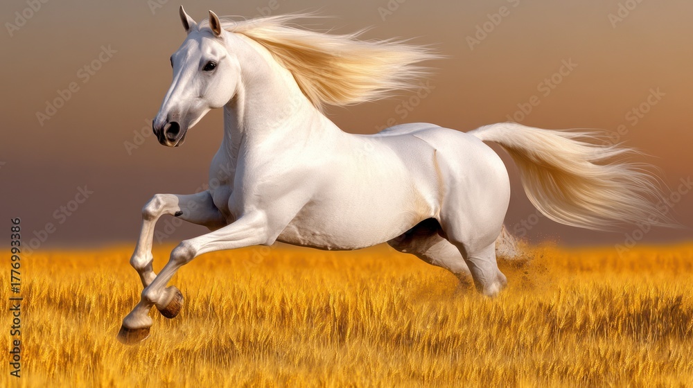 Obraz premium White horse running in golden field at sunset