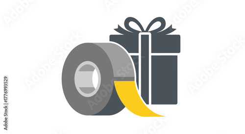 Gift wrapping supplies including tape and a neatly tied present box