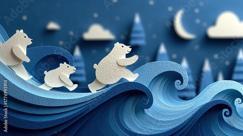 Paper art depicting polar bears running over waves under a moonlit night sky.