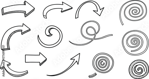 Hand drawn arrows, spiral shapes, sketch style, directional icons, motion symbols, vector illustration, editable, isolated, black and white