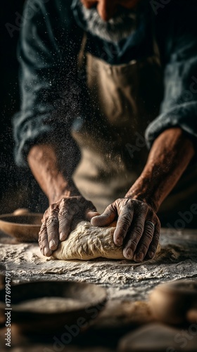 Artisan's Touch: A seasoned baker's hands, dusted with flour, knead dough, crafting a masterpiece of taste and tradition. A close-up captures the essence of skill and dedication.