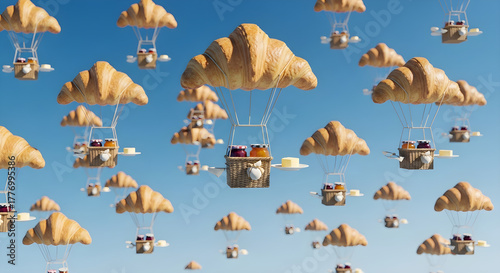 Croissant hot air balloons floating in the sky