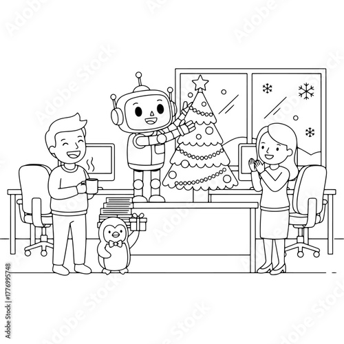 Christmas in modern office. Robot helping to decorate Christmas tree. Coworkers rejoicing with coffee mugs and gifts. Penguin character. Winter snowfall. Vector line art sketch for kids.