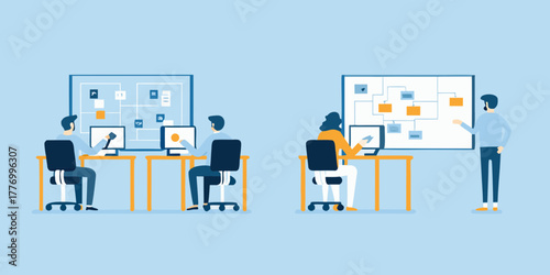 Diverse team collaborating on project planning and strategy using visual boards and computers in a modern office setting