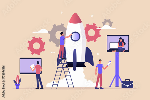 Team working together to launch a rocket symbolizing startup business growth and innovation
