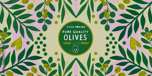 Decorative olive branches and berries frame a pure quality olives label