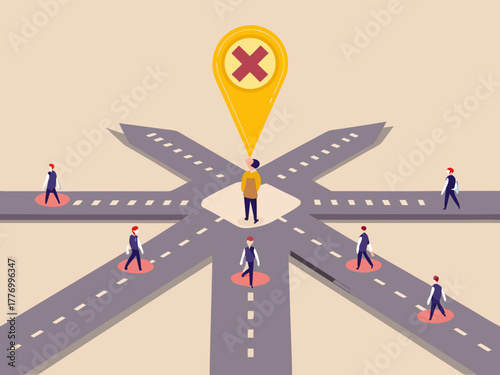 Person standing at a crossroads with multiple diverging paths and a large red cross marker above them