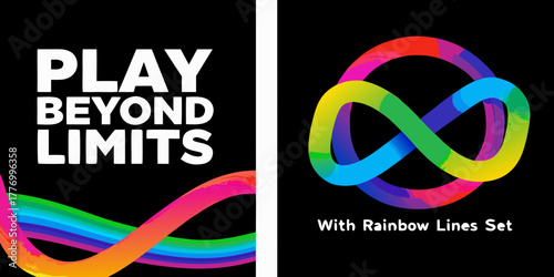 Play beyond limits text and infinity symbol with rainbow gradient lines on black background