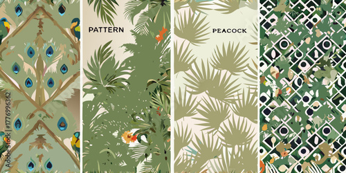 Tropical jungle and peacock feather patterns with palm leaves and geometric designs