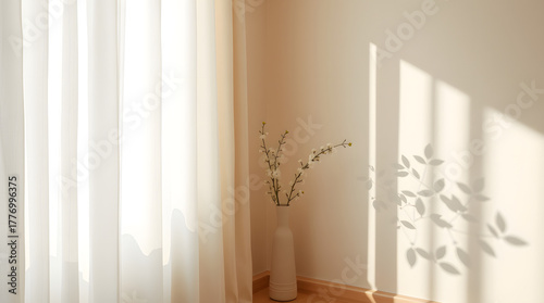 Serene Interior with Sunlight and Natural Elements A Study of Shadows and Texture