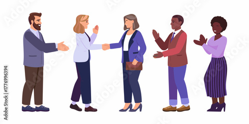 Diverse group of business people celebrating success and shaking hands in a modern office setting