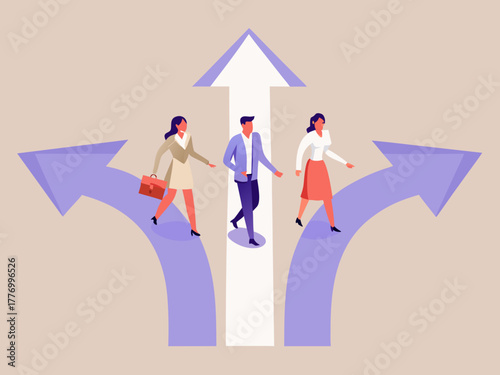Business people choosing different paths and directions on a road with arrows symbolizing choices
