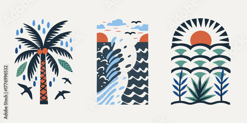 Tropical beach and desert landscape illustrations with palm trees ocean waves and desert plants