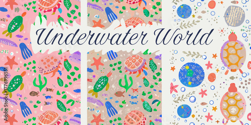 Whimsical underwater world with colorful sea creatures and plants in a playful artistic style