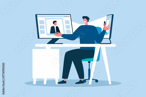 Man working remotely on computer video calls with colleagues and clients
