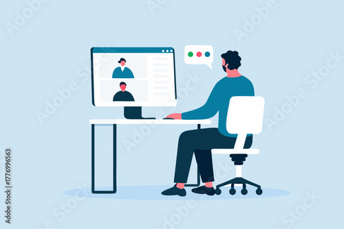 Man participating in a video conference call on his computer screen with colleagues