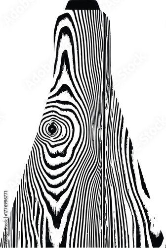 A black and white illustration of a tall, abstract structure with swirling patterns and lines, viewed from below, showcasing a unique architectural design.