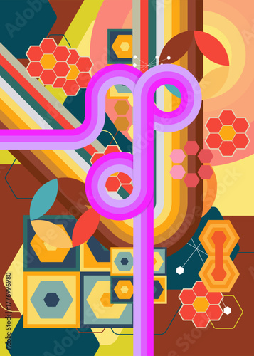 Retro 70s Background. Groovy abstract 1970s art template. Minimalistic Vintage striped design poster. Old-fashioned rainbow color artwork.