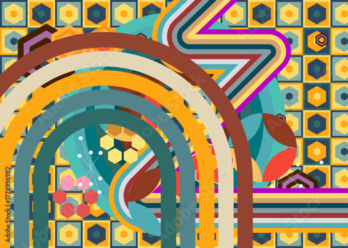 Retro 70s Background. Groovy abstract 1970s art template. Minimalistic Vintage striped design poster. Old-fashioned rainbow color artwork.