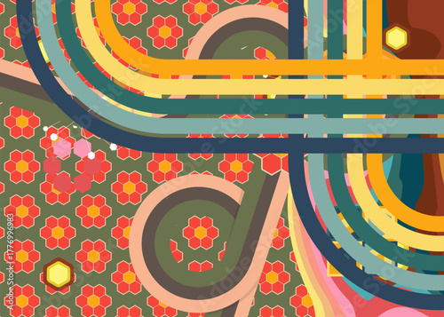 Retro 70s Background. Groovy abstract 1970s art template. Minimalistic Vintage striped design poster. Old-fashioned rainbow color artwork.