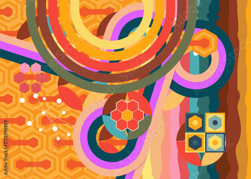 Retro 70s Background. Groovy abstract 1970s art template. Minimalistic Vintage striped design poster. Old-fashioned rainbow color artwork.