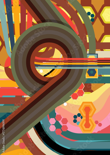 Retro 70s Background. Groovy abstract 1970s art template. Minimalistic Vintage striped design poster. Old-fashioned rainbow color artwork.