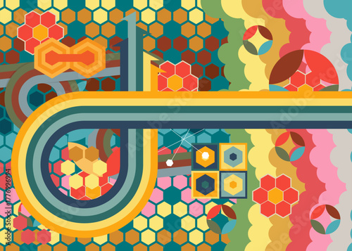 Retro 70s Background. Groovy abstract 1970s art template. Minimalistic Vintage striped design poster. Old-fashioned rainbow color artwork.