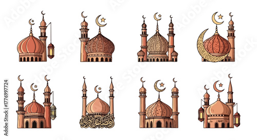 Collection of Beautiful Mosque Illustrations with Islamic Crescent Moon and Lanterns Vector Art