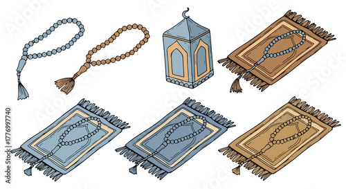 Islamic Prayer Rugs Prayer Beads and Lantern Religious Symbols for Ramadan Eid Worship and Faith
