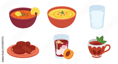 Healthy Food Drinks Assortment Soups Dates Juice Tea Lemon Slice Ramadan Iftar Meal Concept