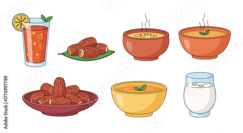 Ramadan Iftar Food and Drink Collection Dates Soup and Refreshments Vector Illustration